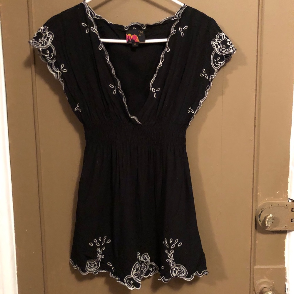 Deep V black embroidered top w/ ruched waist